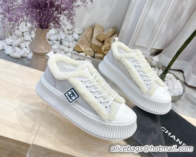 Low Price Chanel Canvas Wool Logo Patch Sneakers 111176 Light Gray