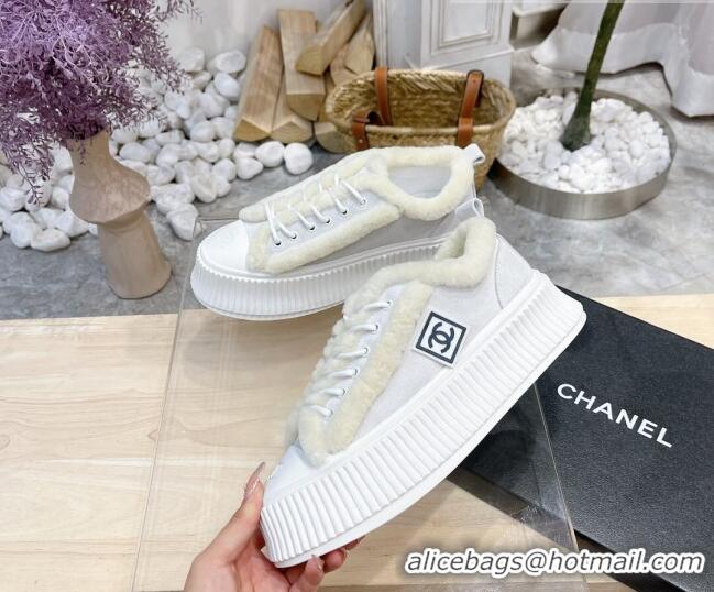 Low Price Chanel Canvas Wool Logo Patch Sneakers 111176 Light Gray