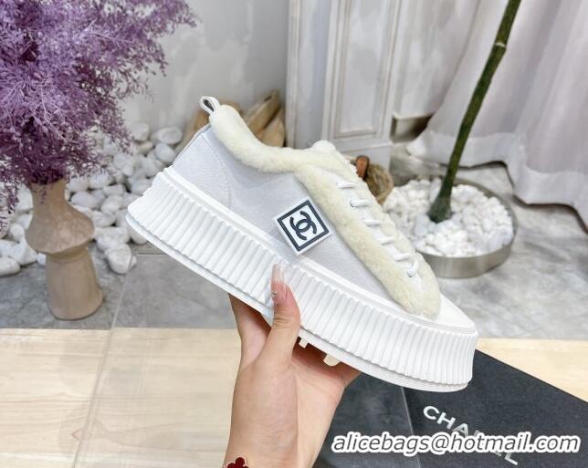 Low Price Chanel Canvas Wool Logo Patch Sneakers 111176 Light Gray