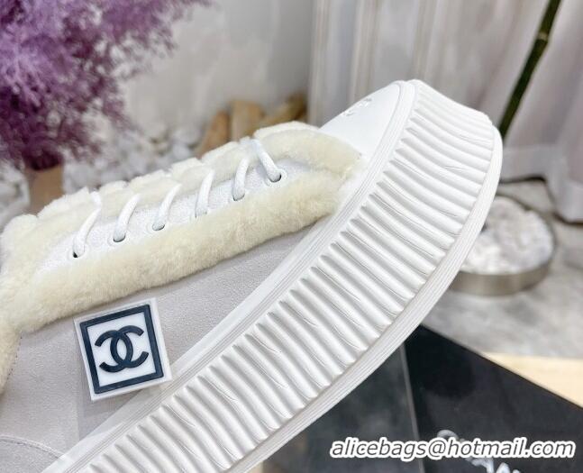 Low Price Chanel Canvas Wool Logo Patch Sneakers 111176 Light Gray