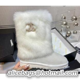 Super Quality Chanel Suede&Rabbit Fur &Wool Lining Short Boots 111184 Gray/White