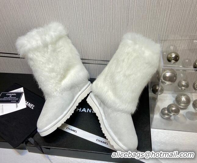 Super Quality Chanel Suede&Rabbit Fur &Wool Lining Short Boots 111184 Gray/White