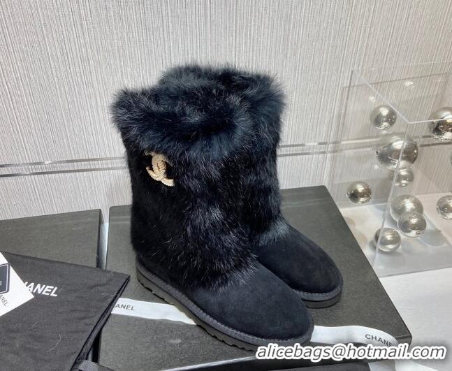 Best Price Chanel Suede&Rabbit Fur &Wool Lining Short Boots 111184 Black