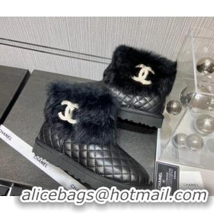 Duplicate Chanel Lambskin&Rabbit Fur &Wool Lining Ankle Boots Black 111187