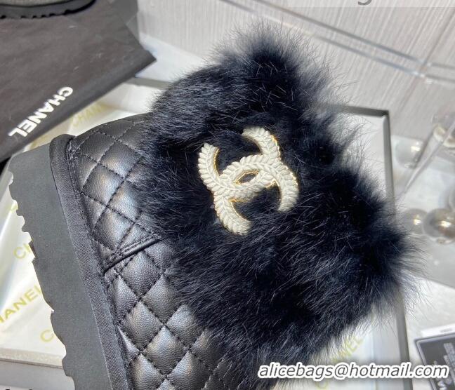 Duplicate Chanel Lambskin&Rabbit Fur &Wool Lining Ankle Boots Black 111187