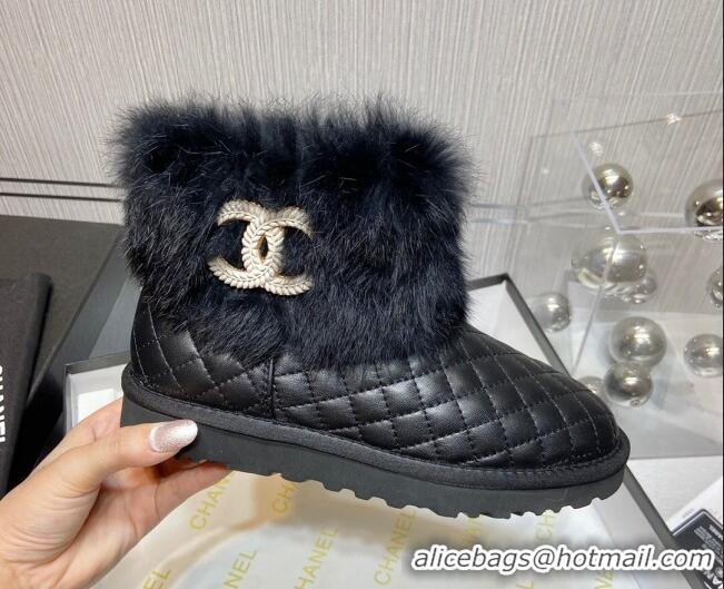 Duplicate Chanel Lambskin&Rabbit Fur &Wool Lining Ankle Boots Black 111187