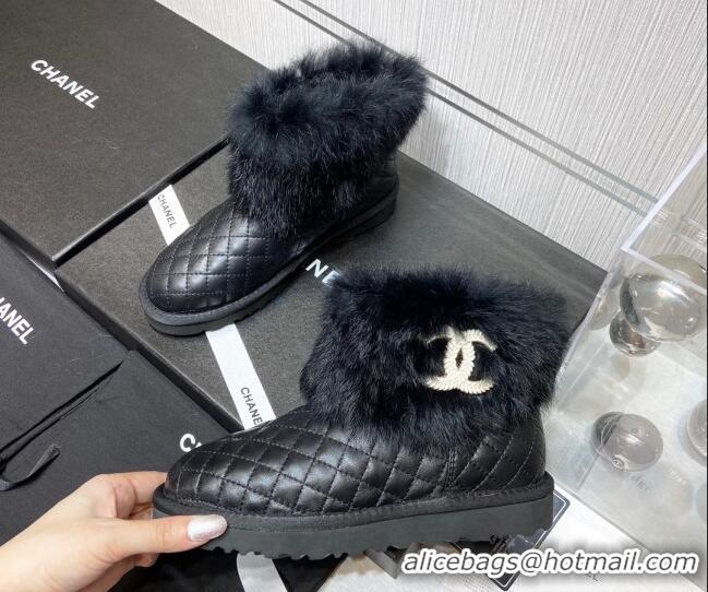 Duplicate Chanel Lambskin&Rabbit Fur &Wool Lining Ankle Boots Black 111187