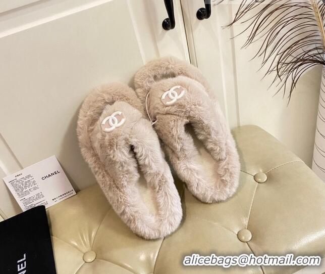 Duplicate Chanel Fur Thong Flat Slide Sandals Beige 111188