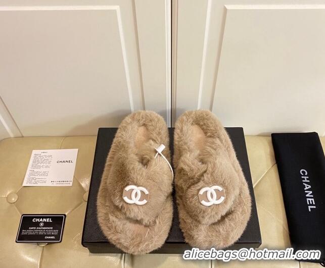 Sophisticated Chanel Fur Thong Flat Slide Sandals 111188 Brown