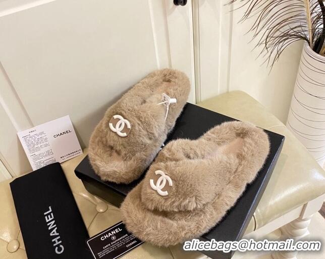 Sophisticated Chanel Fur Thong Flat Slide Sandals 111188 Brown