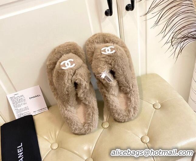 Sophisticated Chanel Fur Thong Flat Slide Sandals 111188 Brown