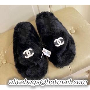 Duplicate Chanel Fur Thong Flat Slide Sandals 111188 Black