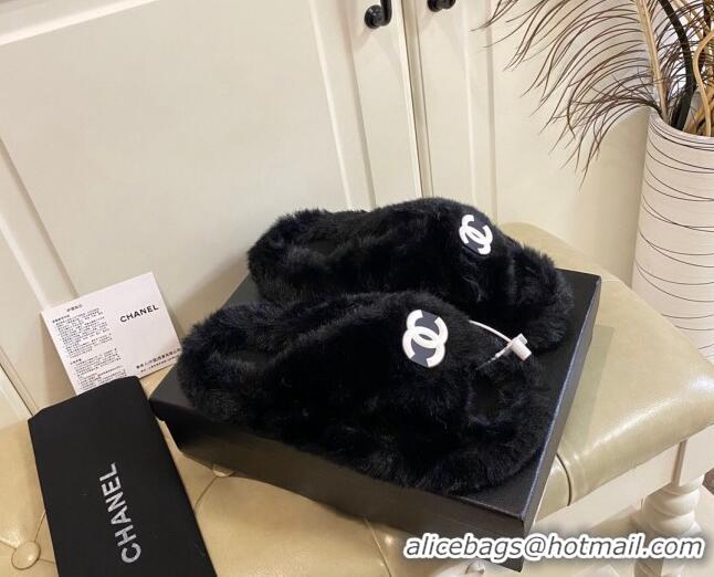 Duplicate Chanel Fur Thong Flat Slide Sandals 111188 Black