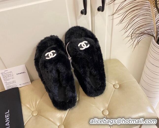 Duplicate Chanel Fur Thong Flat Slide Sandals 111188 Black