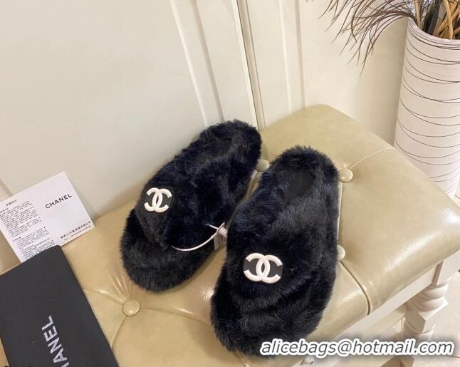 Duplicate Chanel Fur Thong Flat Slide Sandals 111188 Black