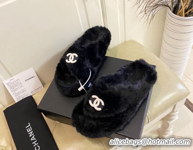 Duplicate Chanel Fur Thong Flat Slide Sandals 111188 Black