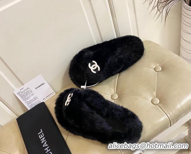 Duplicate Chanel Fur Thong Flat Slide Sandals 111188 Black