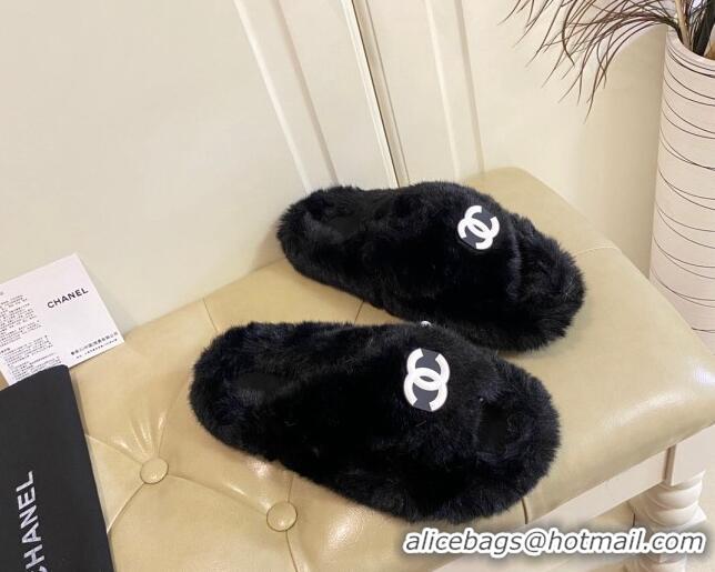 Duplicate Chanel Fur Thong Flat Slide Sandals 111188 Black