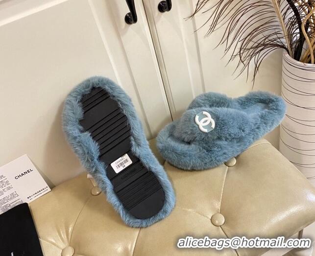 Grade Quality Chanel Fur Thong Flat Slide Sandals 111188 Bue