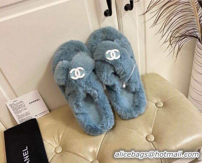 Grade Quality Chanel Fur Thong Flat Slide Sandals 111188 Bue