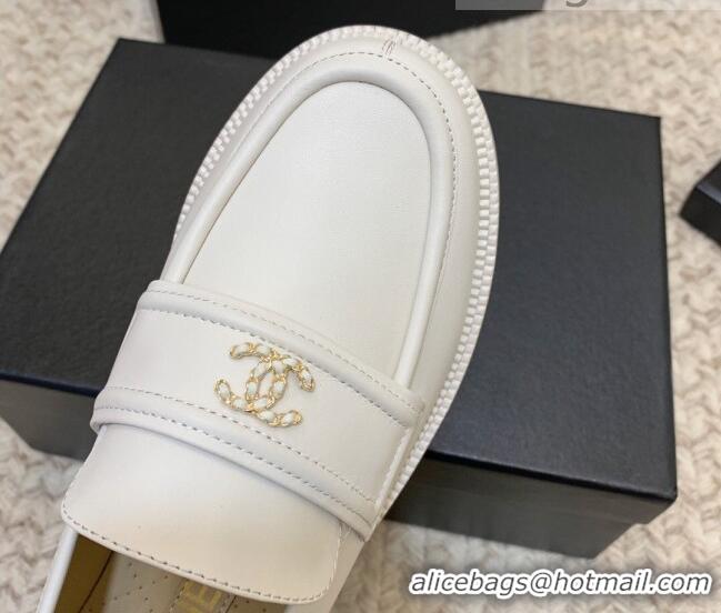 Super Quality Chanel Calfskin Chain CC Loafers 111201 White