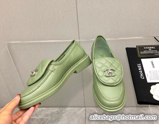 Good Quality Chanel Leather Loafers with CC Foldover 111709 Green