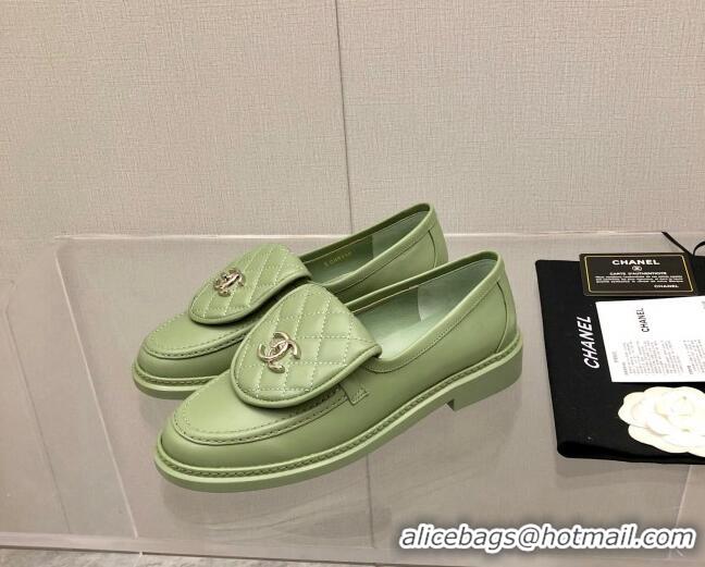 Good Quality Chanel Leather Loafers with CC Foldover 111709 Green