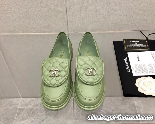 Good Quality Chanel Leather Loafers with CC Foldover 111709 Green