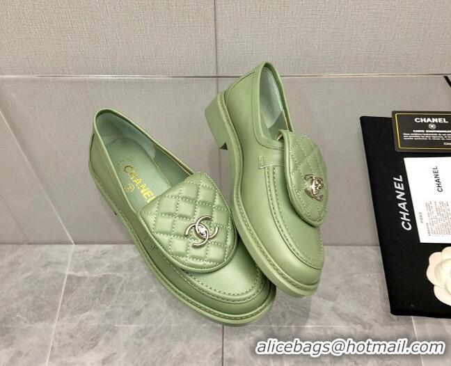 Good Quality Chanel Leather Loafers with CC Foldover 111709 Green