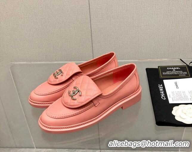 Charming Chanel Leather Loafers with CC Foldover 111709 Coral Pink