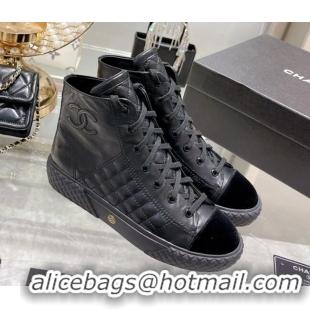 Unique Style Chanel Leather High-Top Sneakers 111715 Black