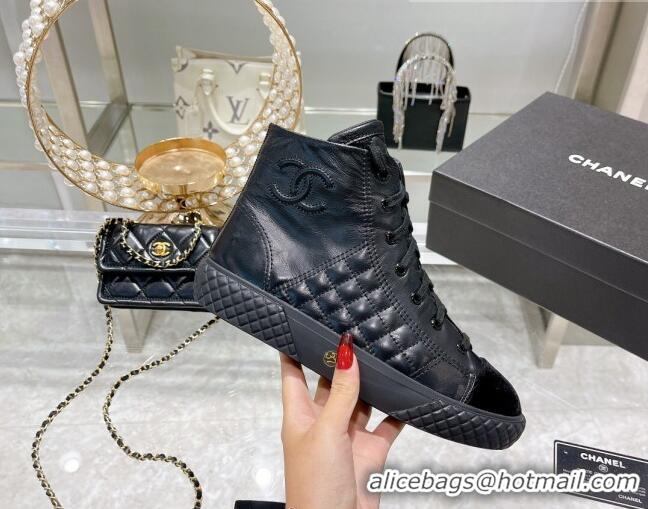 Unique Style Chanel Leather High-Top Sneakers 111715 Black