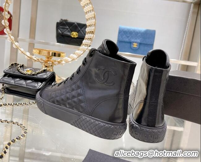 Unique Style Chanel Leather High-Top Sneakers 111715 Black