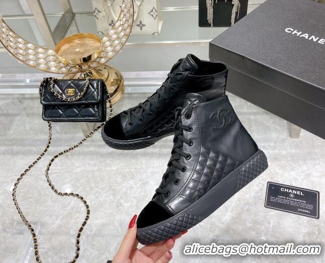 Unique Style Chanel Leather High-Top Sneakers 111715 Black