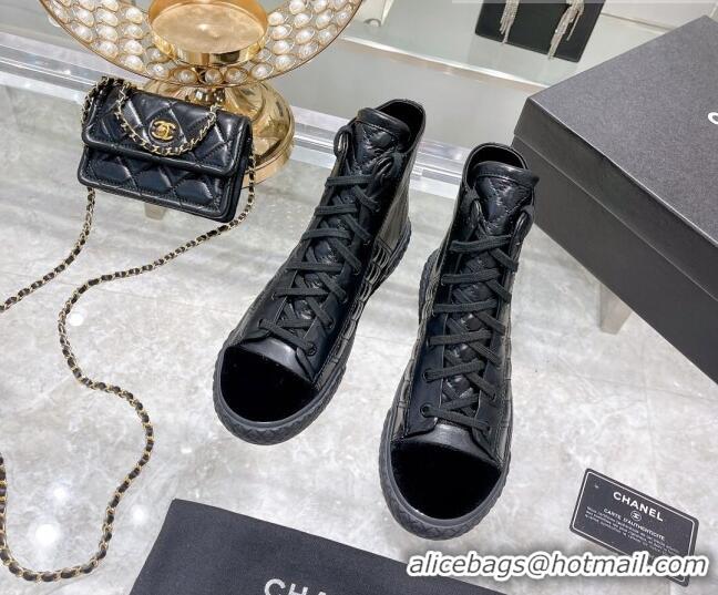 Unique Style Chanel Leather High-Top Sneakers 111715 Black