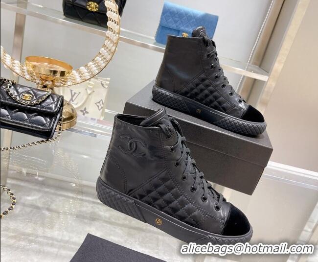 Unique Style Chanel Leather High-Top Sneakers 111715 Black