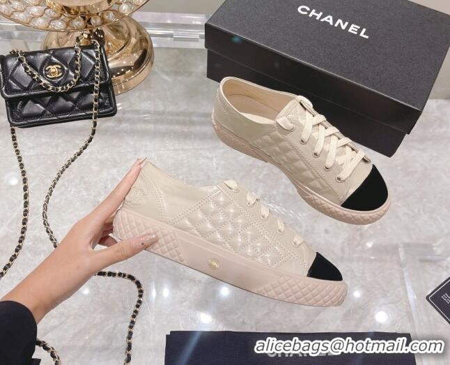 Good Quality Chanel Leather Low-Top Sneakers 111718 Beige