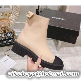 Low Cost Chanel Calfskin Logo Back Ankle Boots 111721 Beige