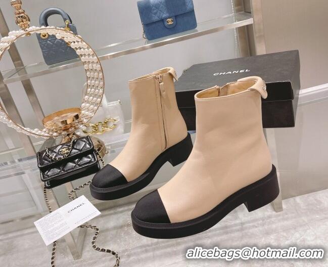 Low Cost Chanel Calfskin Logo Back Ankle Boots 111721 Beige