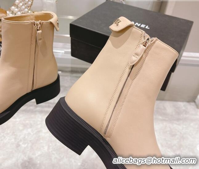 Low Cost Chanel Calfskin Logo Back Ankle Boots 111721 Beige