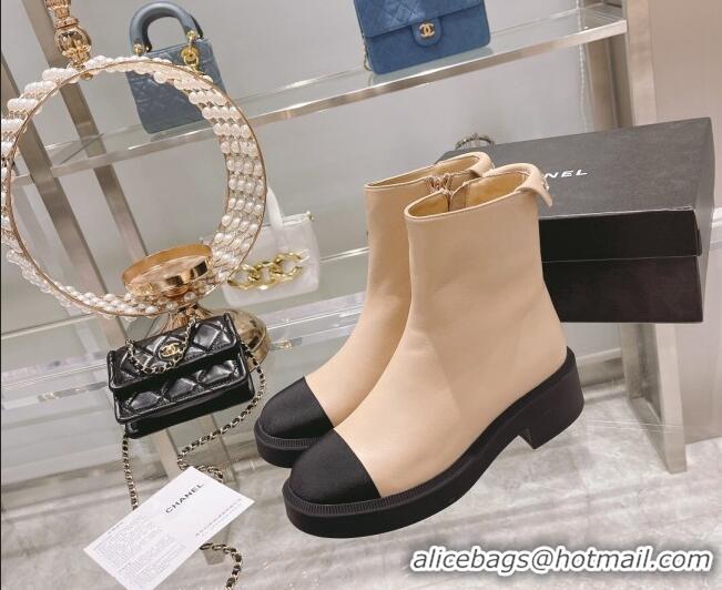 Low Cost Chanel Calfskin Logo Back Ankle Boots 111721 Beige