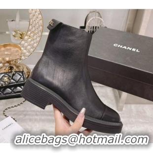 Good Quality Chanel Calfskin Logo Back Ankle Boots 111721 Black