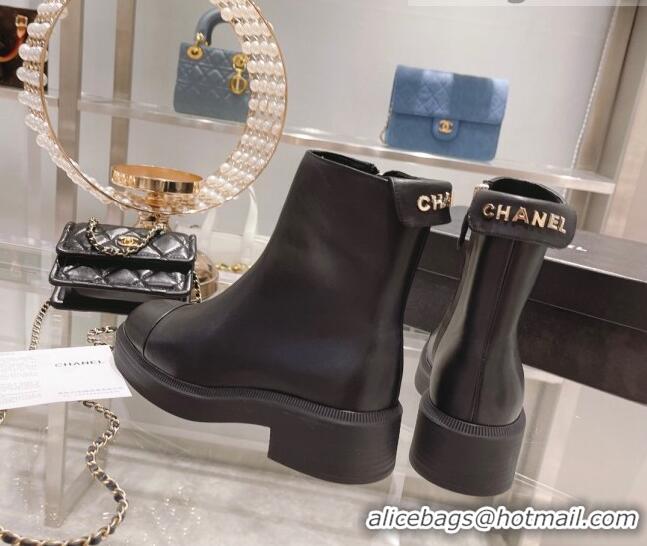 Good Quality Chanel Calfskin Logo Back Ankle Boots 111721 Black