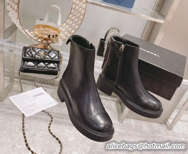 Good Quality Chanel Calfskin Logo Back Ankle Boots 111721 Black