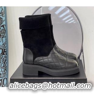 Duplicate Chanel Lambskin, Suede & Knit Ankle Boots G38185 Black