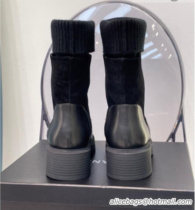 Duplicate Chanel Lambskin, Suede & Knit Ankle Boots G38185 Black