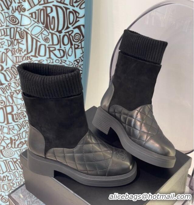 Duplicate Chanel Lambskin, Suede & Knit Ankle Boots G38185 Black