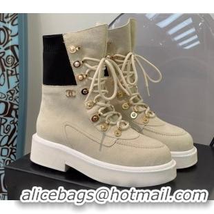 Stylish Chanel Suede & Knit Lace-up Ankle Boots G38212 Light Gray 