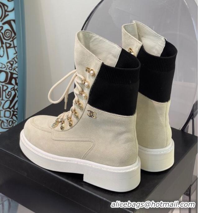 Stylish Chanel Suede & Knit Lace-up Ankle Boots G38212 Light Gray 