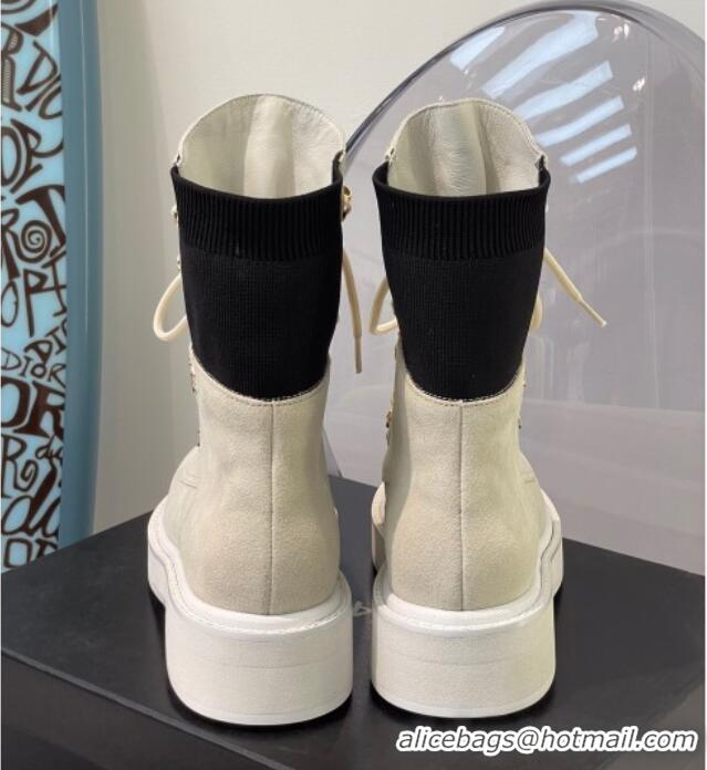 Stylish Chanel Suede & Knit Lace-up Ankle Boots G38212 Light Gray 